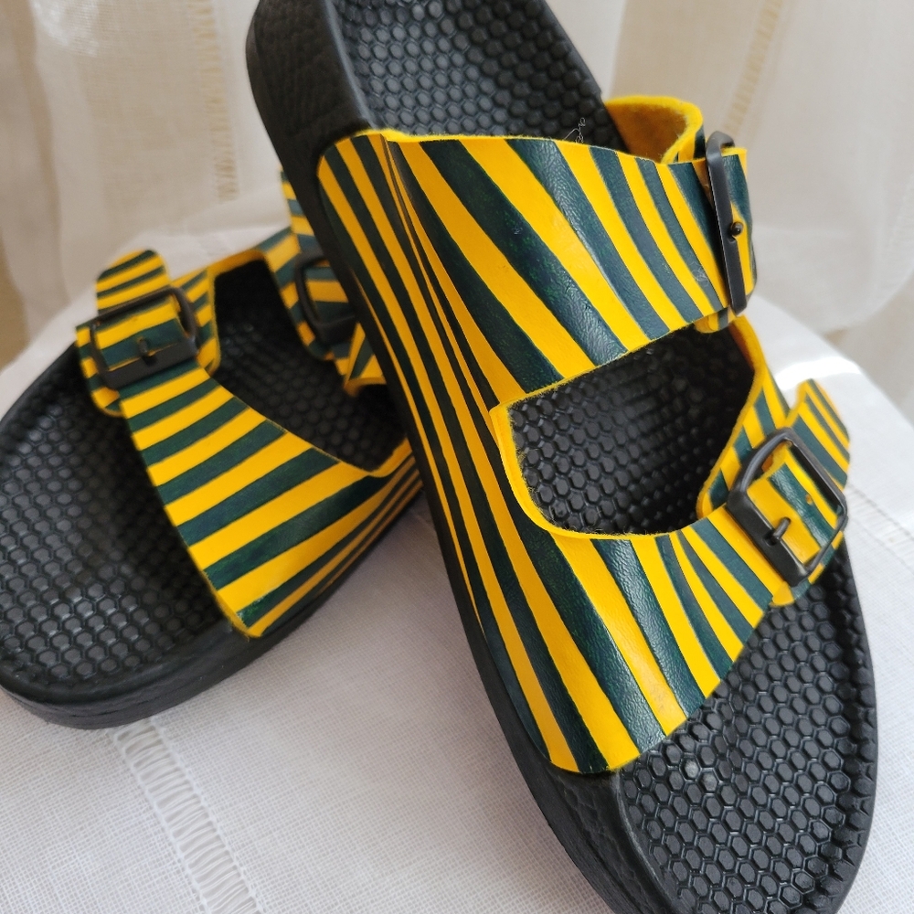 Womans Yellow and Dark Green Striped Slide Sandals